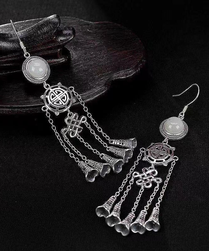 Boho Jade Patchwork Tassel Silver Drop Earrings Ada Fashion