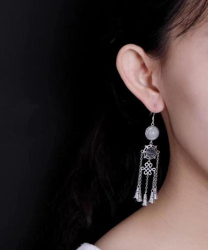 Boho Jade Patchwork Tassel Silver Drop Earrings Ada Fashion