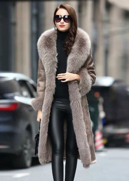 Boho Khaki Fox Collar Cinched Fuzzy Rabbit Leather And Fur Coats Winter Ada Fashion