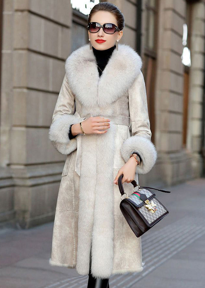 Boho Khaki Fox Collar Cinched Fuzzy Rabbit Leather And Fur Coats Winter Ada Fashion