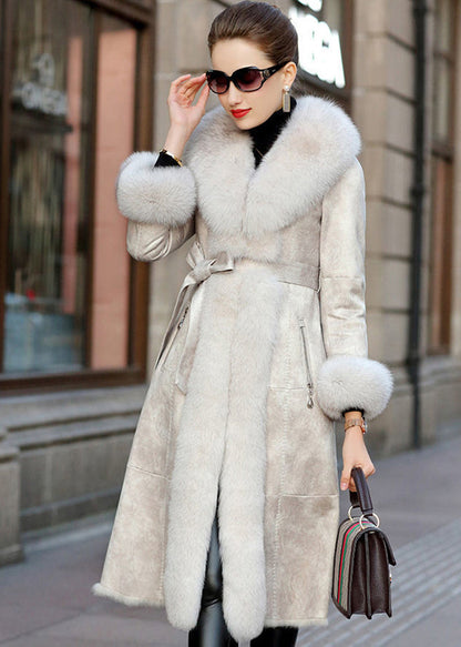 Boho Khaki Fox Collar Cinched Fuzzy Rabbit Leather And Fur Coats Winter Ada Fashion