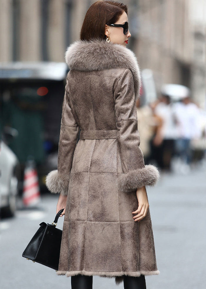 Boho Khaki Fox Collar Cinched Fuzzy Rabbit Leather And Fur Coats Winter Ada Fashion