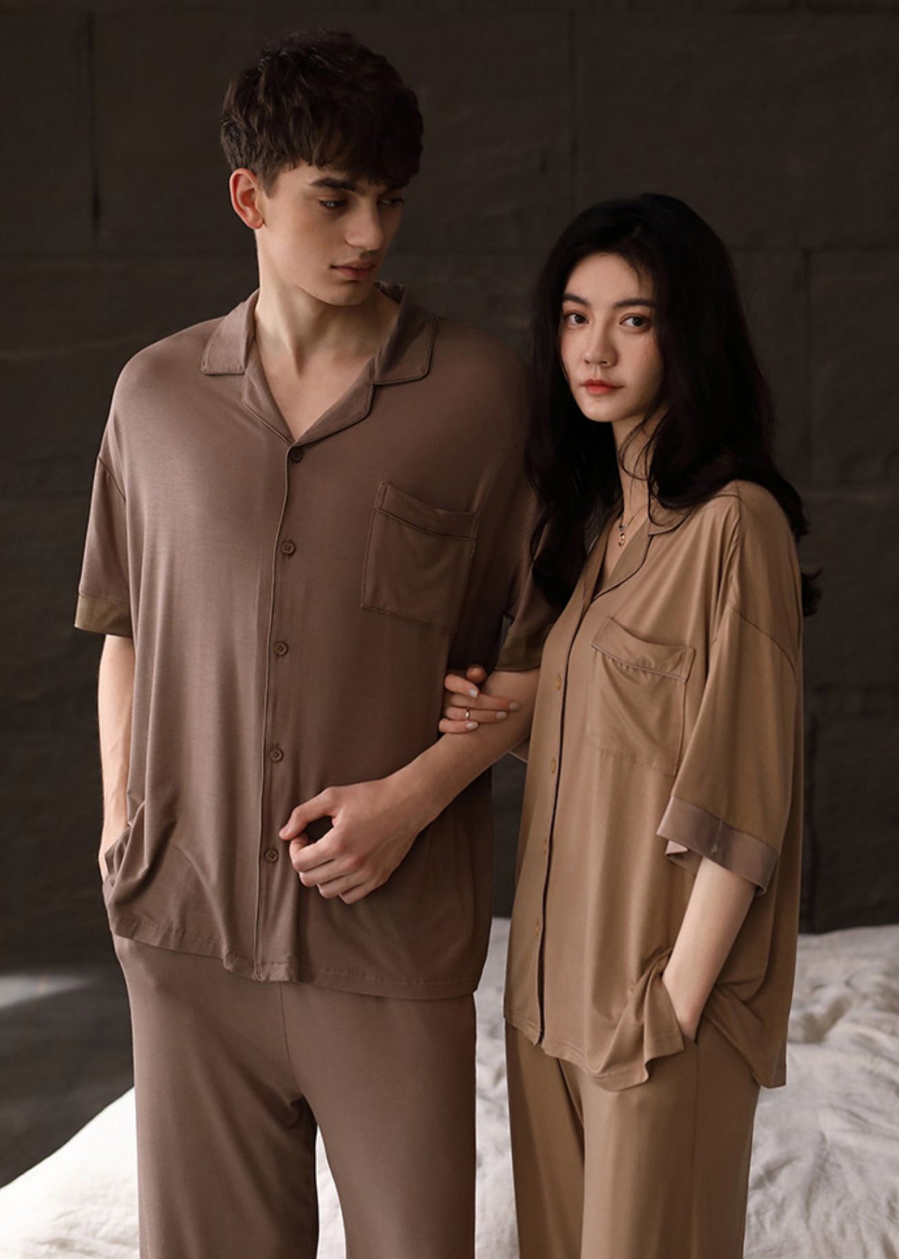 Boho Khaki Peter Pan Collar Button Couple Pajamas Two Pieces Set Half Sleeve LY2839 - fabuloryshop