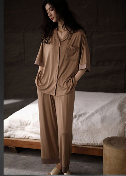 Boho Khaki Peter Pan Collar Button Couple Pajamas Two Pieces Set Half Sleeve LY2839 - fabuloryshop