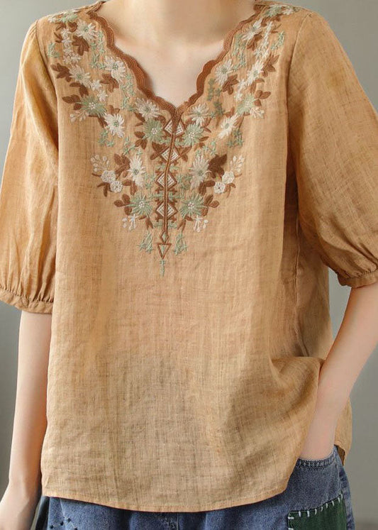 Boho Khaki V Neck Embroideried Patchwork Linen T Shirt Summer LY0620 - fabuloryshop