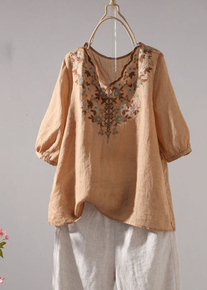 Boho Khaki V Neck Embroideried Patchwork Linen T Shirt Summer LY0620 - fabuloryshop