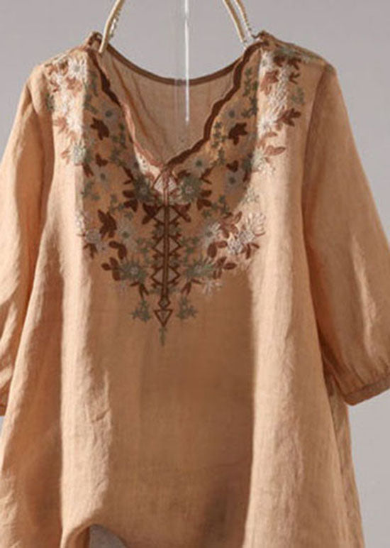 Boho Khaki V Neck Embroideried Patchwork Linen T Shirt Summer LY0620