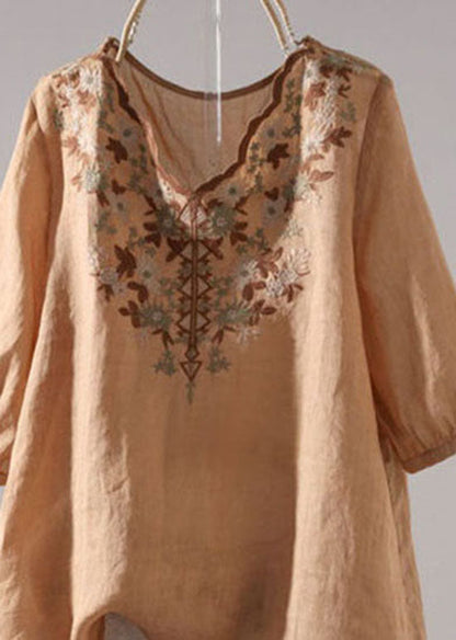 Boho Khaki V Neck Embroideried Patchwork Linen T Shirt Summer LY0620 - fabuloryshop