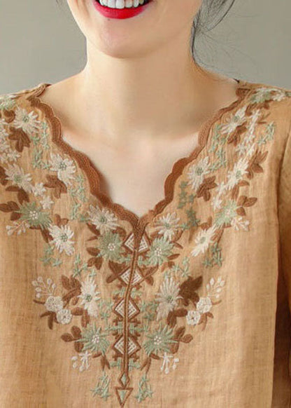 Boho Khaki V Neck Embroideried Patchwork Linen T Shirt Summer LY0620 - fabuloryshop