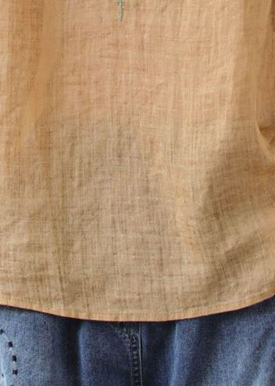 Boho Khaki V Neck Embroideried Patchwork Linen T Shirt Summer LY0620