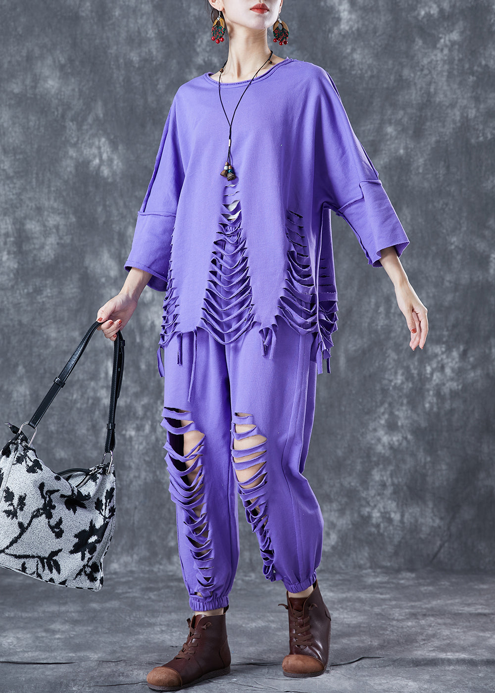 Boho Lavender Oversized Hollow Out Cotton Women Sets 2 Pieces Summer LY5640 - fabuloryshop