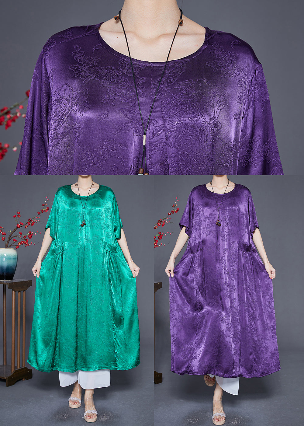 Boho Lavender Oversized Jacquard Silk Long Dress Summer Ada Fashion