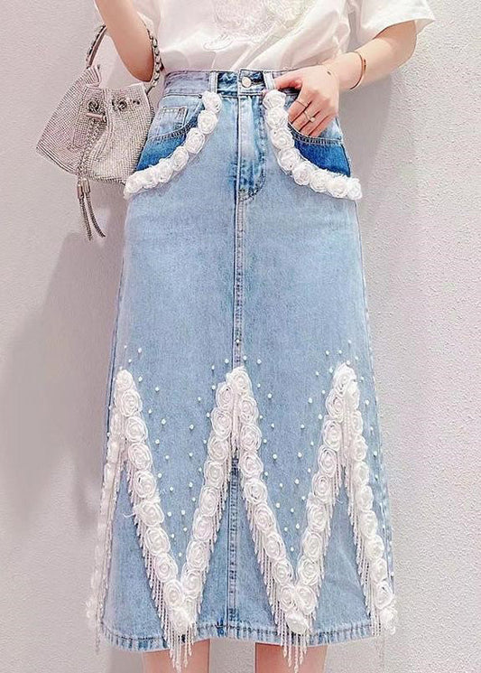 Boho Light Blue Tassel Patchwork High Waist Deninm Skirt Summer TY1081 - fabuloryshop
