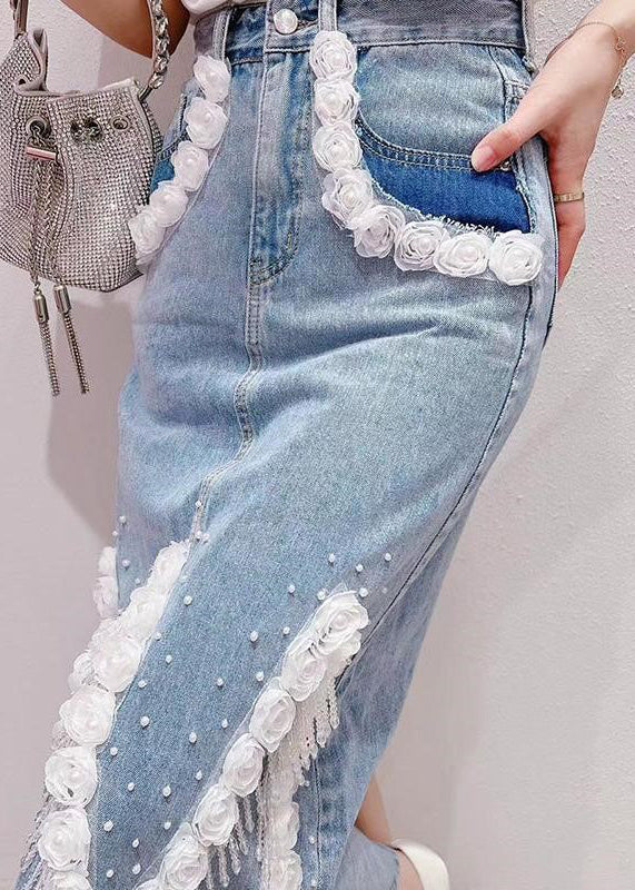 Boho Light Blue Tassel Patchwork High Waist Deninm Skirt Summer TY1081