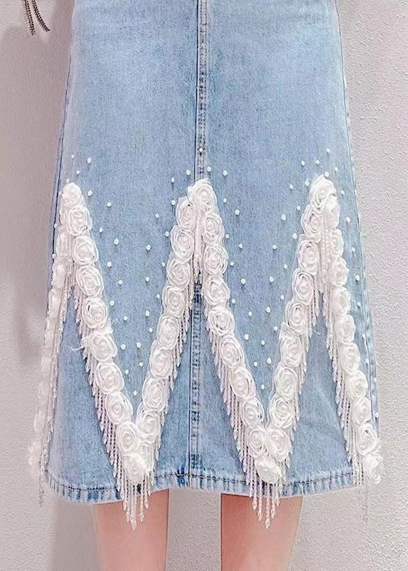 Boho Light Blue Tassel Patchwork High Waist Deninm Skirt Summer TY1081 - fabuloryshop