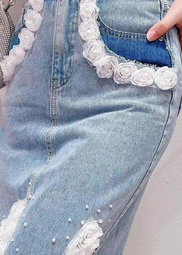 Boho Light Blue Tassel Patchwork High Waist Deninm Skirt Summer TY1081 - fabuloryshop