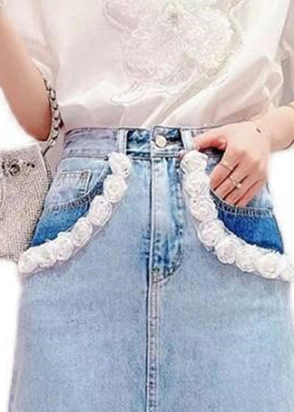 Boho Light Blue Tassel Patchwork High Waist Deninm Skirt Summer TY1081 - fabuloryshop