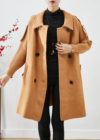 Boho Light Camel Double Breast Patchwork Knit Woolen Trench Coats Fall Ada Fashion