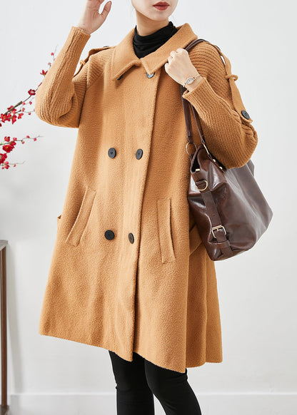 Boho Light Camel Double Breast Patchwork Knit Woolen Trench Coats Fall Ada Fashion