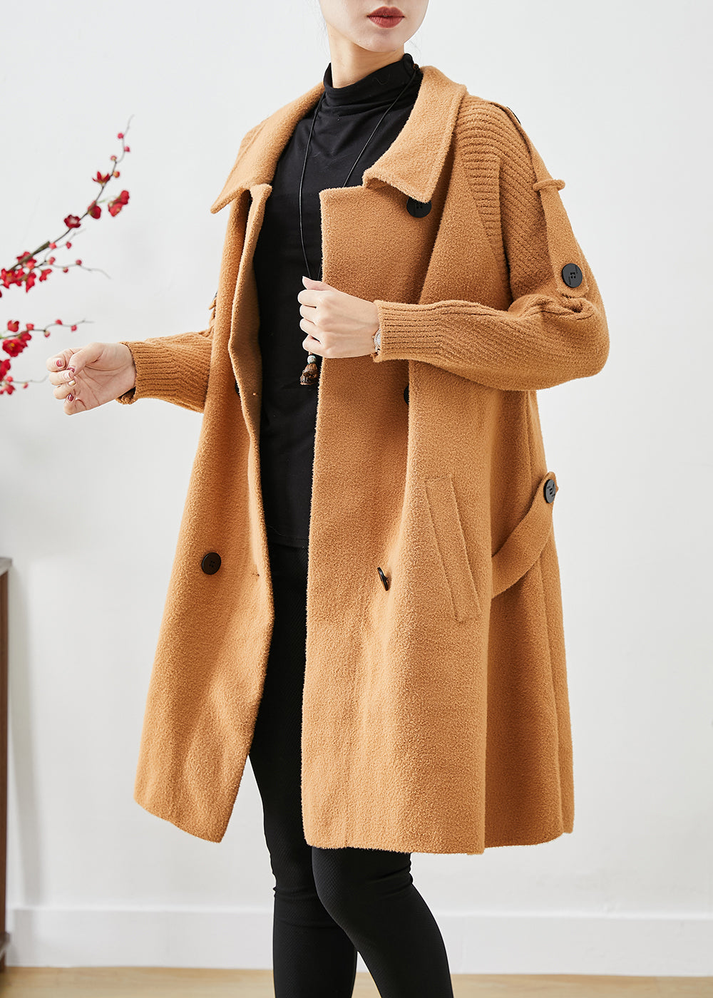 Boho Light Camel Double Breast Patchwork Knit Woolen Trench Coats Fall Ada Fashion