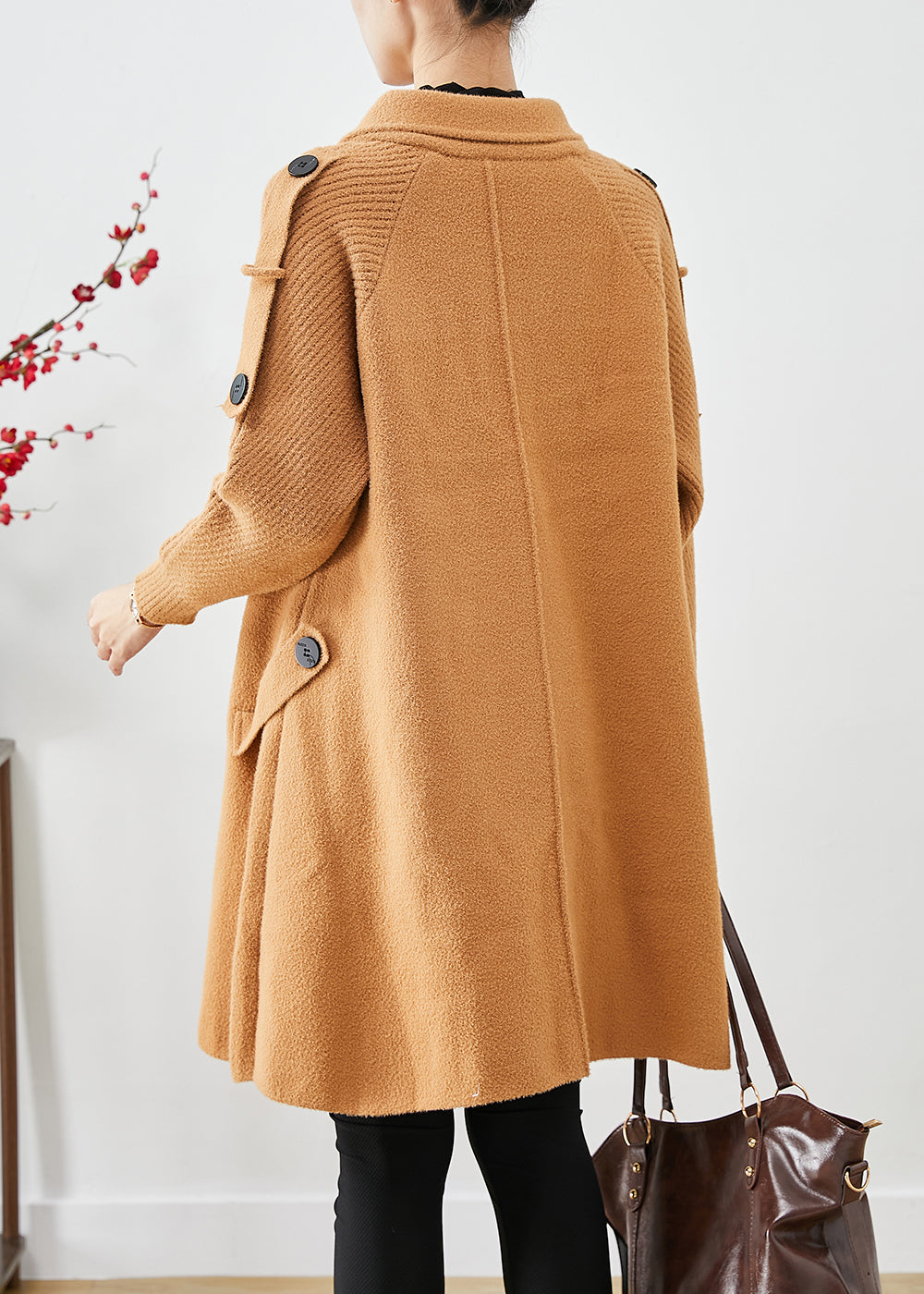 Boho Light Camel Double Breast Patchwork Knit Woolen Trench Coats Fall Ada Fashion