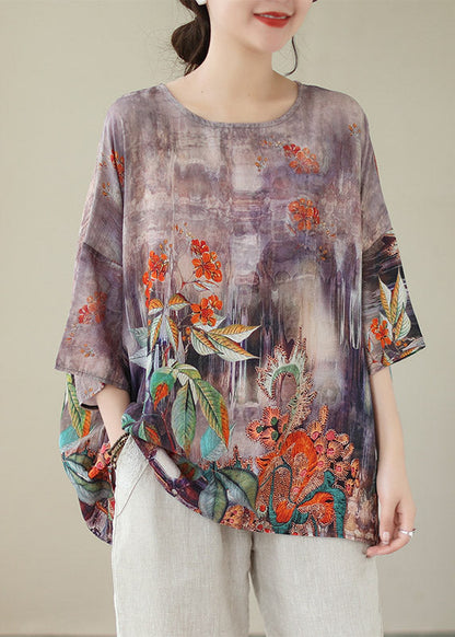 Boho Light Purple O-Neck Print Linen Top Long Sleeve LY2952 - fabuloryshop