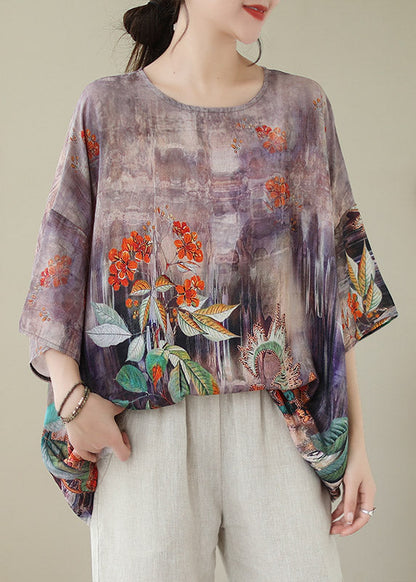 Boho Light Purple O-Neck Print Linen Top Long Sleeve LY2952 - fabuloryshop