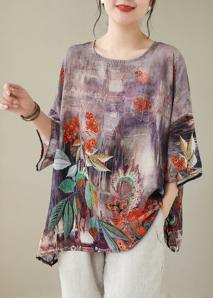 Boho Light Purple O-Neck Print Linen Top Long Sleeve LY2952 - fabuloryshop