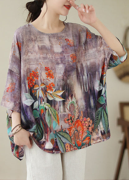 Boho Light Purple O-Neck Print Linen Top Long Sleeve LY2952 - fabuloryshop