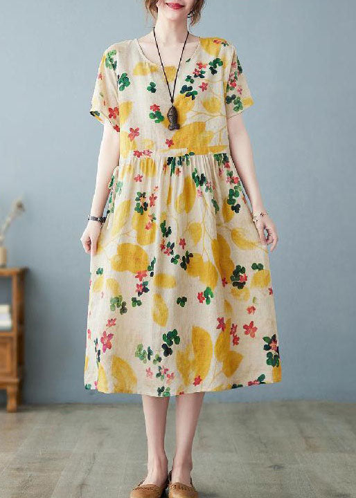 Boho Light Yellow O Neck Pockets Print Patchwork Cotton Dress Summer LY4041 - fabuloryshop