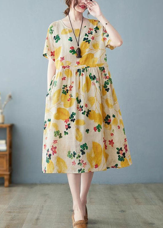 Boho Light Yellow O Neck Pockets Print Patchwork Cotton Dress Summer LY4041 - fabuloryshop