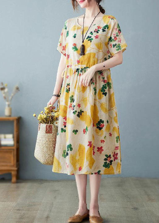 Boho Light Yellow O Neck Pockets Print Patchwork Cotton Dress Summer LY4041 - fabuloryshop