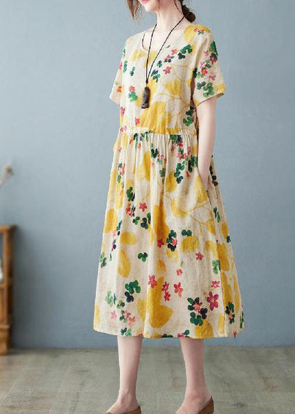 Boho Light Yellow O Neck Pockets Print Patchwork Cotton Dress Summer LY4041 - fabuloryshop