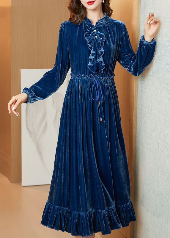 Boho Navy Cinched Patchwork Ruffles Silk Velour Long Dress Spring LY0694 - fabuloryshop