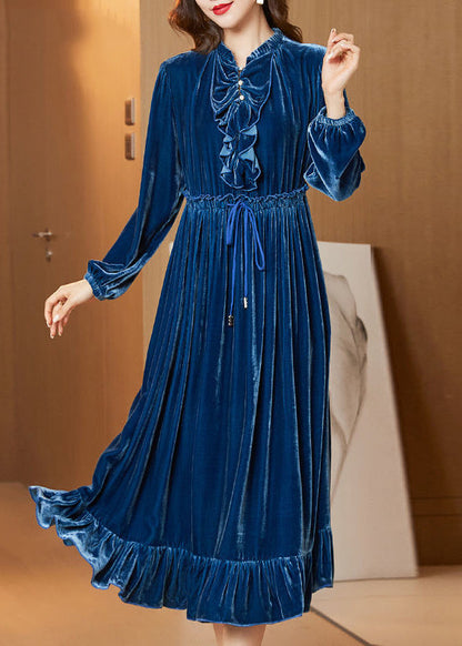 Boho Navy Cinched Patchwork Ruffles Silk Velour Long Dress Spring LY0694 - fabuloryshop