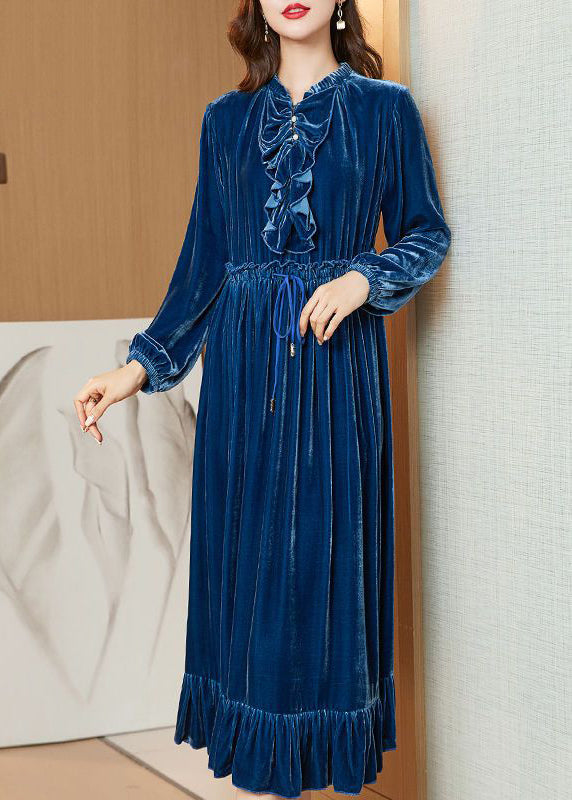 Boho Navy Cinched Patchwork Ruffles Silk Velour Long Dress Spring LY0694