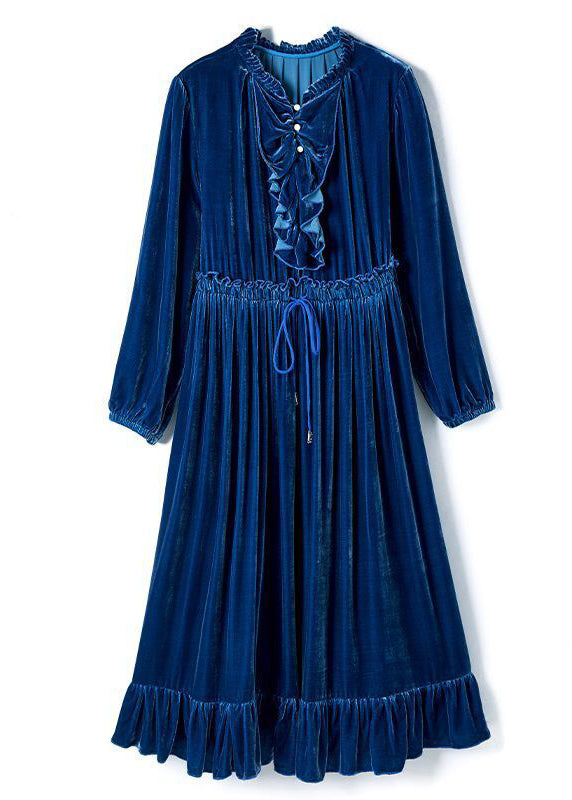 Boho Navy Cinched Patchwork Ruffles Silk Velour Long Dress AC3001