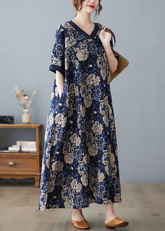 Boho Navy Oversized Print Cotton Vacation Dresses Summer LY0905 - fabuloryshop