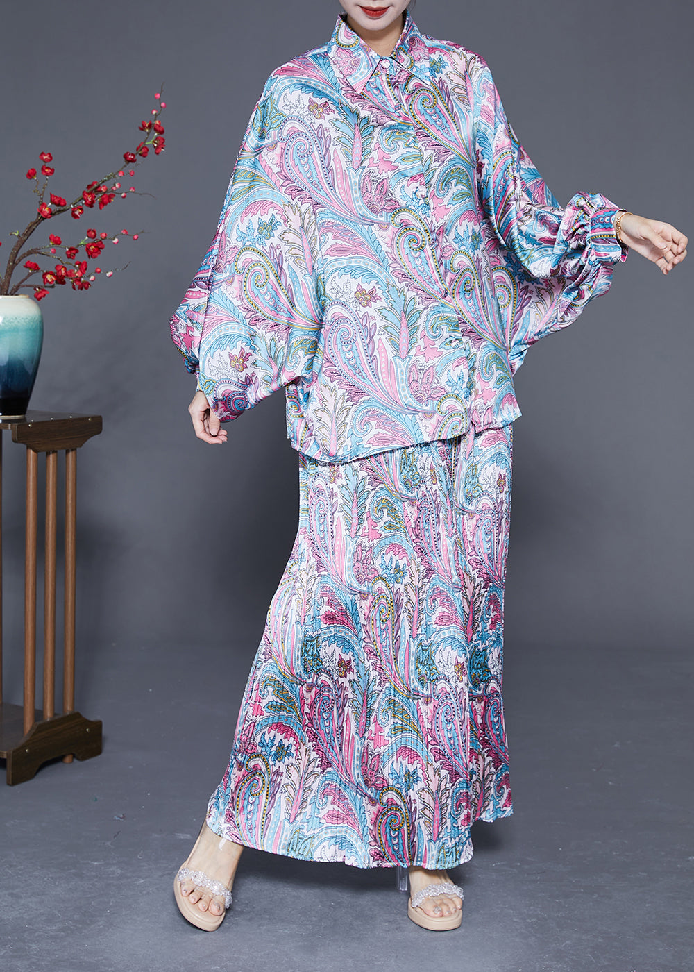 Boho Oversized Print Wrinkled Silk Two Piece Set Women Clothing Batwing Sleeve LY2892 - fabuloryshop