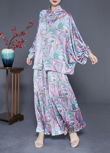 Boho Oversized Print Wrinkled Silk Two Piece Set Women Clothing Batwing Sleeve LY2892 - fabuloryshop