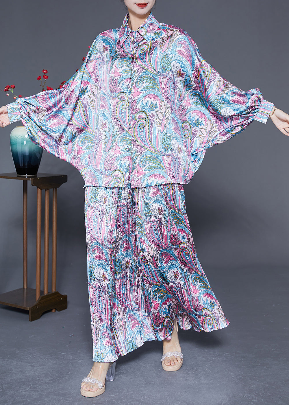 Boho Oversized Print Wrinkled Silk Two Piece Set Women Clothing Batwing Sleeve LY2892 - fabuloryshop