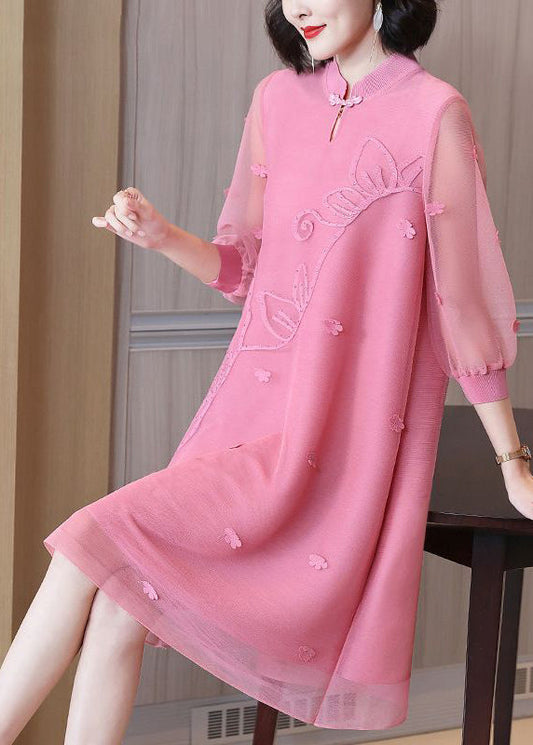 Boho Pink Mandarin Collar Patchwork Floral Maxi Dresses Summer LY2783 - fabuloryshop