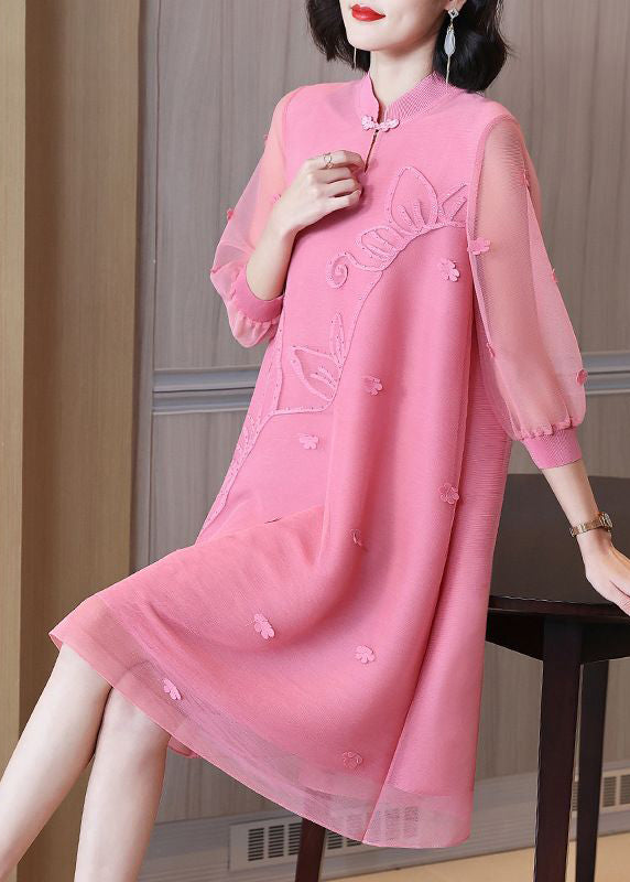 Boho Pink Mandarin Collar Patchwork Floral Maxi Dresses Summer LY2783 - fabuloryshop