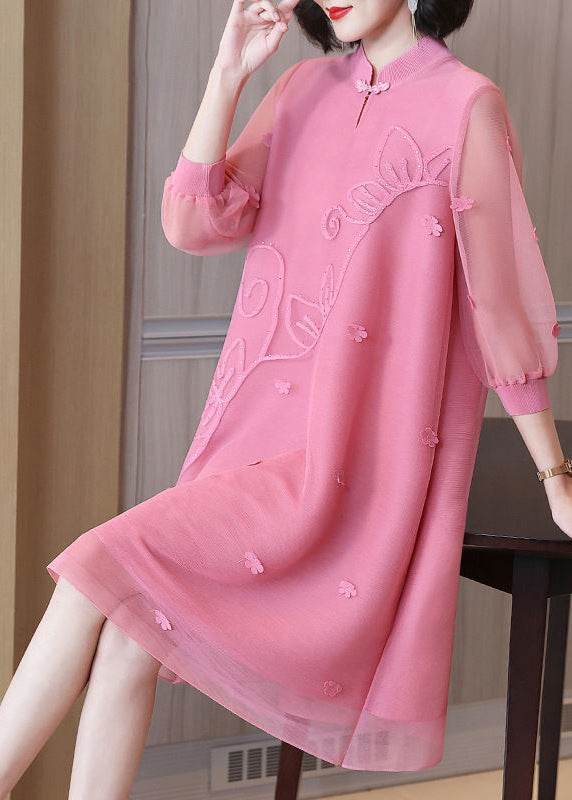 Boho Pink Mandarin Collar Patchwork Floral Maxi Dresses Summer LY2783 - fabuloryshop