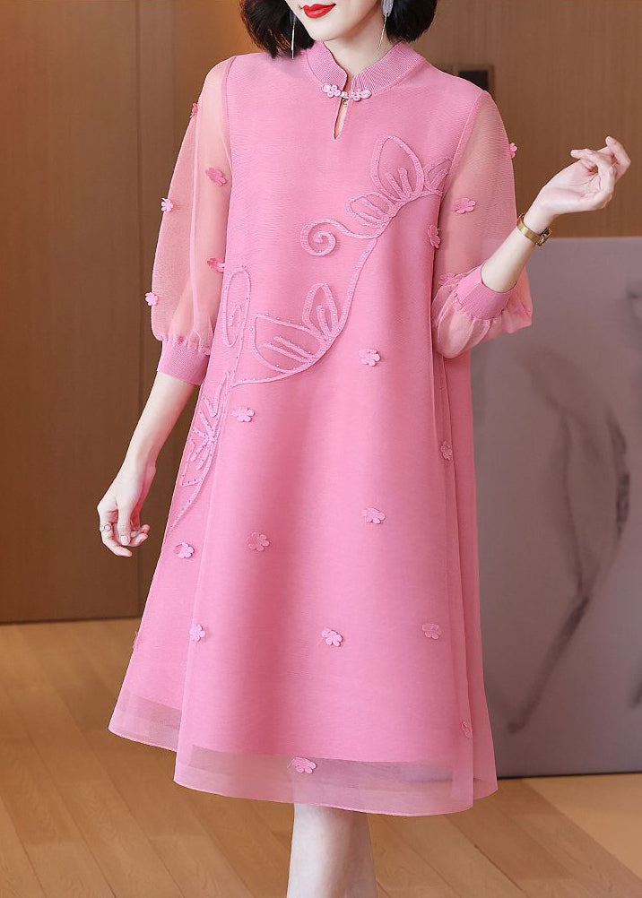 Boho Pink Mandarin Collar Patchwork Floral Maxi Dresses Summer LY2783