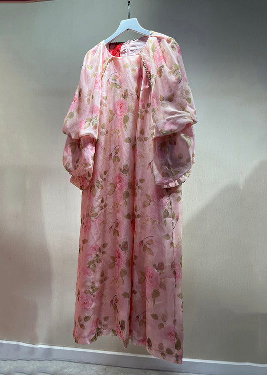 Boho Pink Pearl Print Patchwork Tulle Dress Fall Ada Fashion