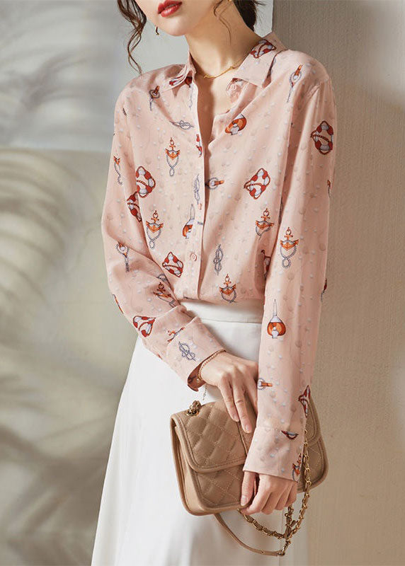 Boho Pink Peter Pan Collar Print Silk Blouses Spring LY0087 - fabuloryshop