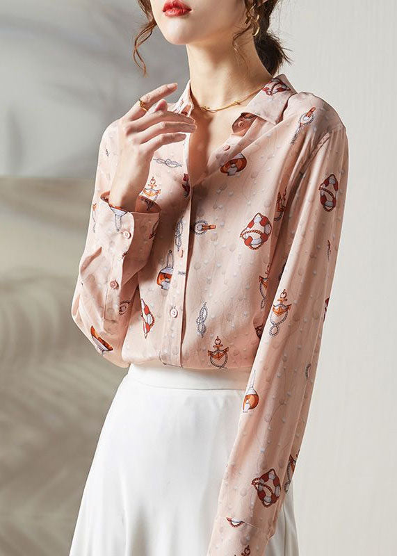 Boho Pink Peter Pan Collar Print Silk Blouses Spring LY0087 - fabuloryshop