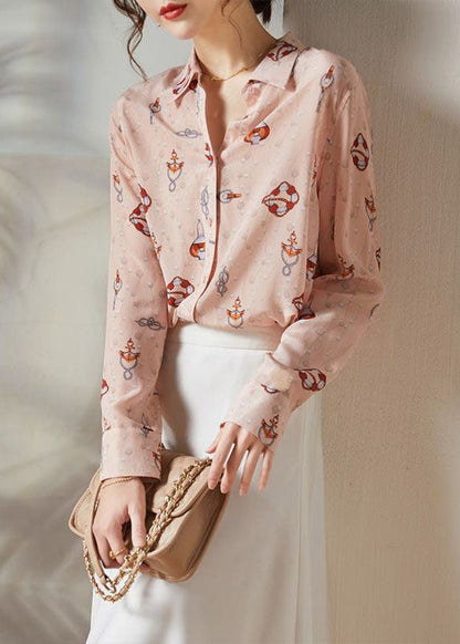 Boho Pink Peter Pan Collar Print Silk Blouses Spring LY0087 - fabuloryshop