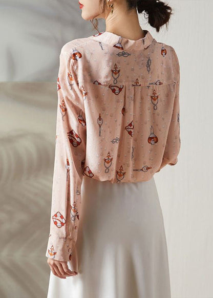 Boho Pink Peter Pan Collar Print Silk Blouses Spring LY0087 - fabuloryshop